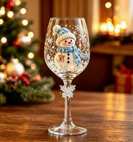 Clear wine goblet with a second painted snowman design on the glass bowl