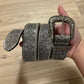 Grey studded western PU belt with rows of studs along both edges and an ornate silver buckle