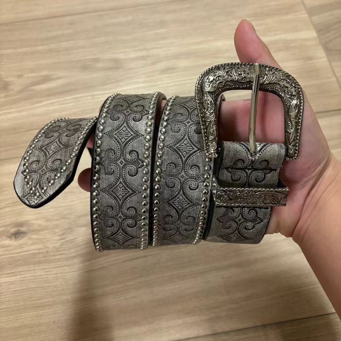 Grey studded western PU belt with rows of studs along both edges and an ornate silver buckle