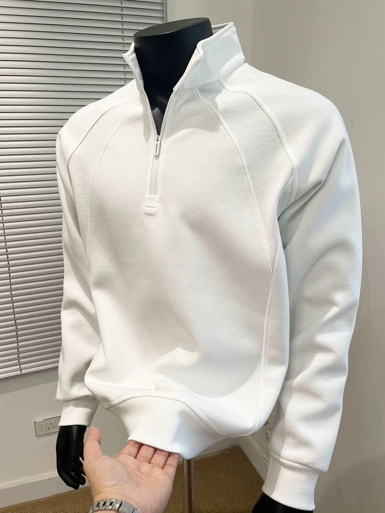 Mens half zip pullover sweatshirt front view in khaki