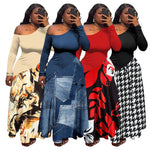 Plus size one-shoulder long sleeve maxi dress with a solid bodice and printed swing skirt