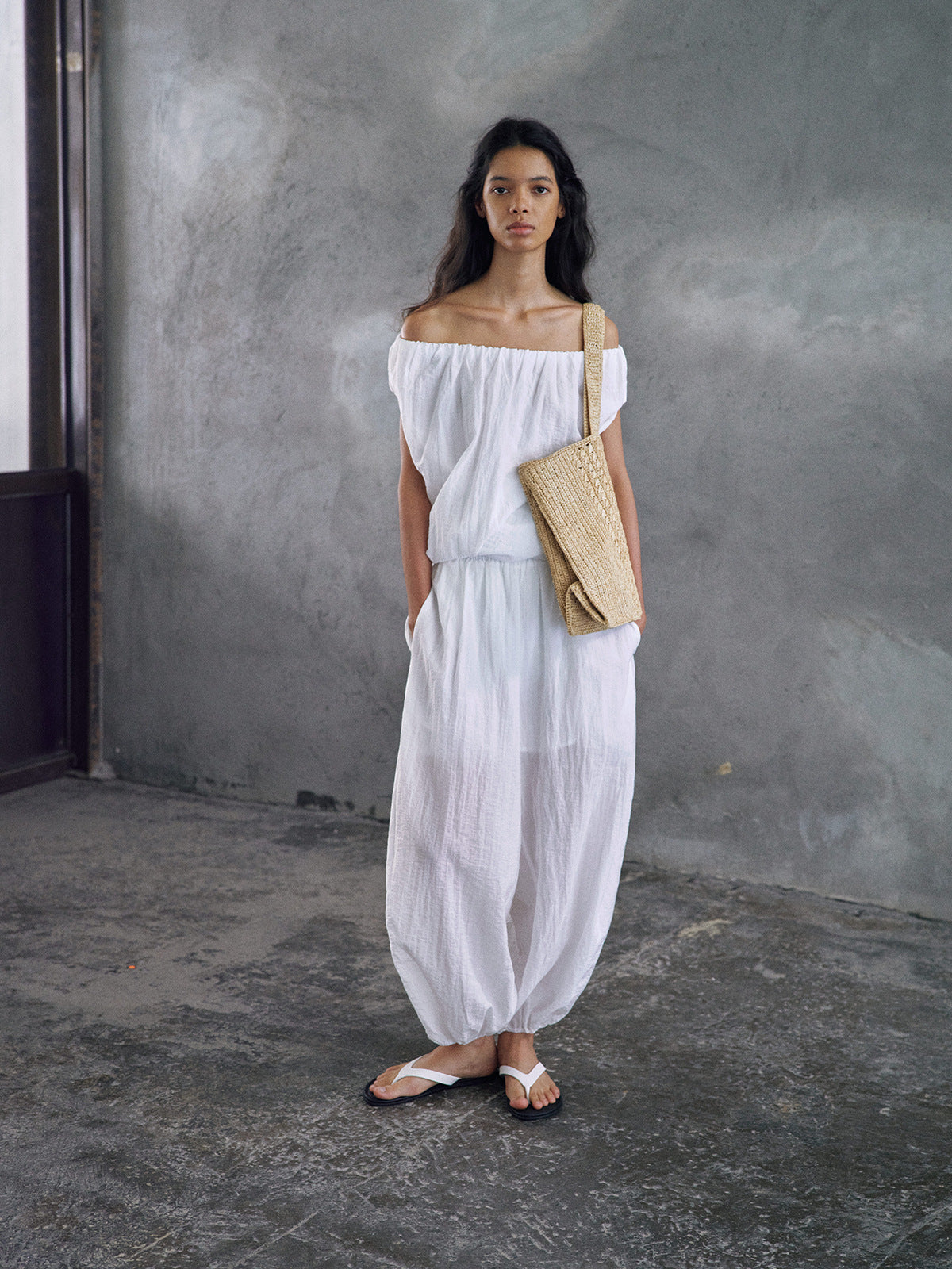 Airy balloon leg casual pants shown full length from the front