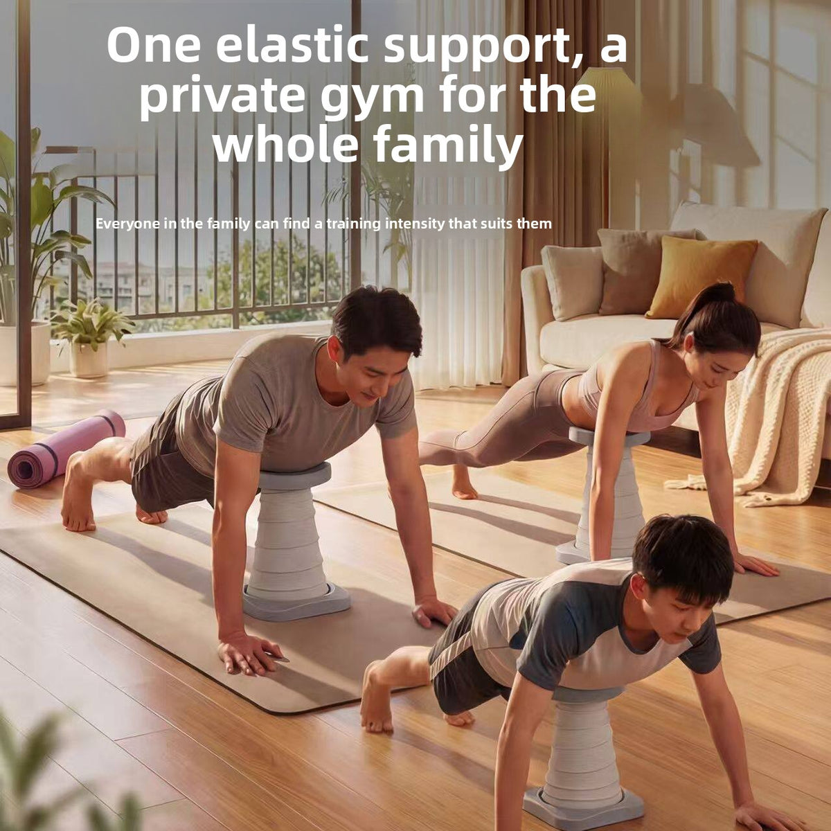 Man, woman and boy doing push-ups on a living room mat with the elastic push-up support stand under each of them