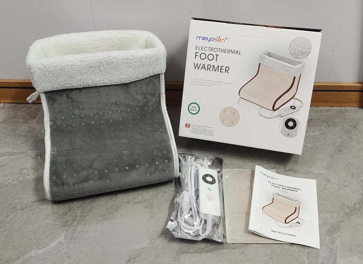 Electric heated foot warmer shown open to reveal the soft plush lining inside