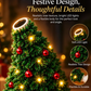 Close up of the tree shaped top with a lens, red baubles and warm lights, with three detail circles