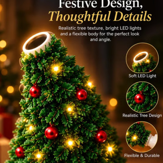 Close up of the tree shaped top with a lens, red baubles and warm lights, with three detail circles