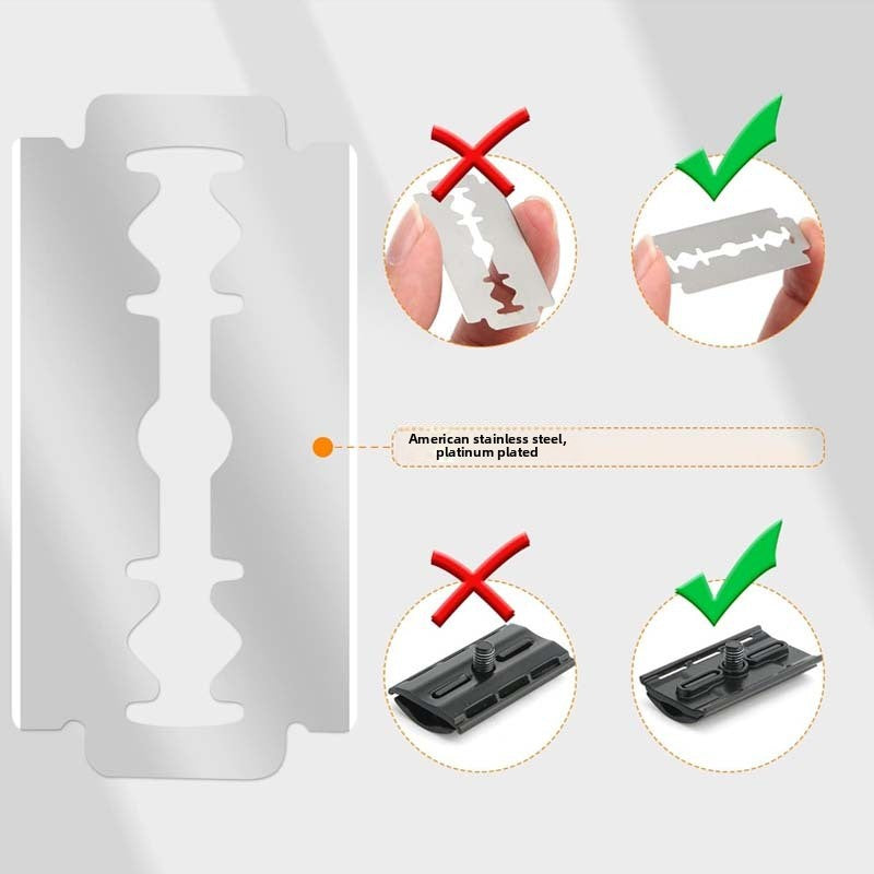 Close up of a double edge stainless steel razor blade showing the correct loading position