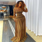 Amber and brown geometric print mesh maxi dress with a round neck and long sleeves on a model