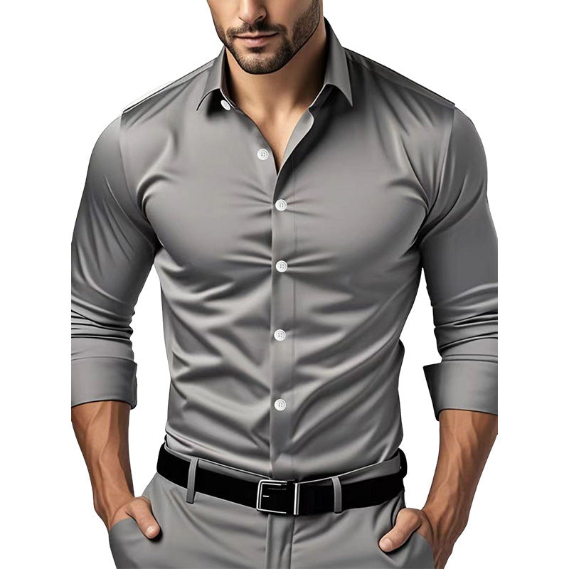 Close view of the turn down collar and button front on the slim fit polyester dress shirt