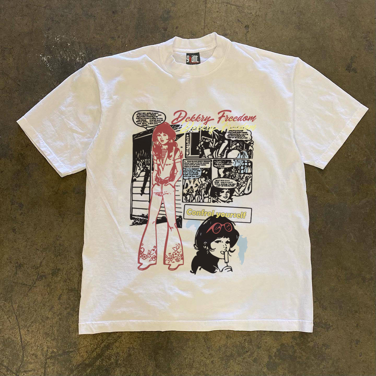 Detail of the Y2K comic front print on the white oversized heavyweight cotton tee