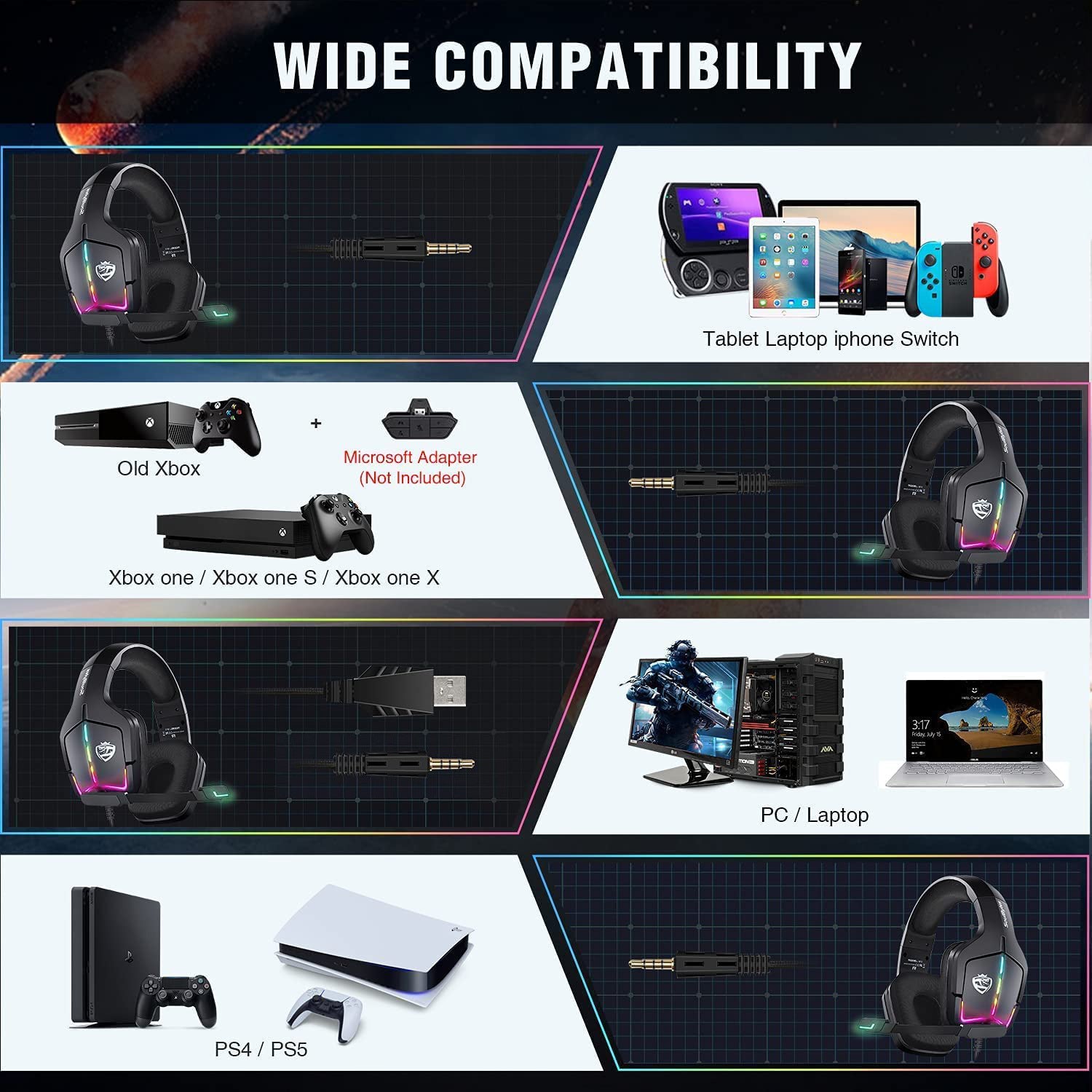 Side angle of the black wired RGB gaming headset and headband