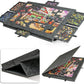 Dark gray felt puzzle board with six sorting drawers around a street scene puzzle, with folded views below