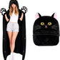 Black cat hooded cape blanket on a model with pink ears, whiskers and plush paw cuffs