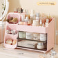 Cherry pink L3 cosmetic organizer with dimension lines, a brush tower and smoked transparent drawers full of skincare