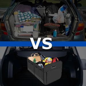 Car boot organizer holding groceries and tools inside a hatchback cargo area