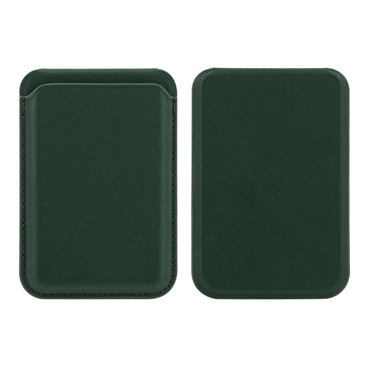 Vegan leather card holder with magnetic attachment, angled view