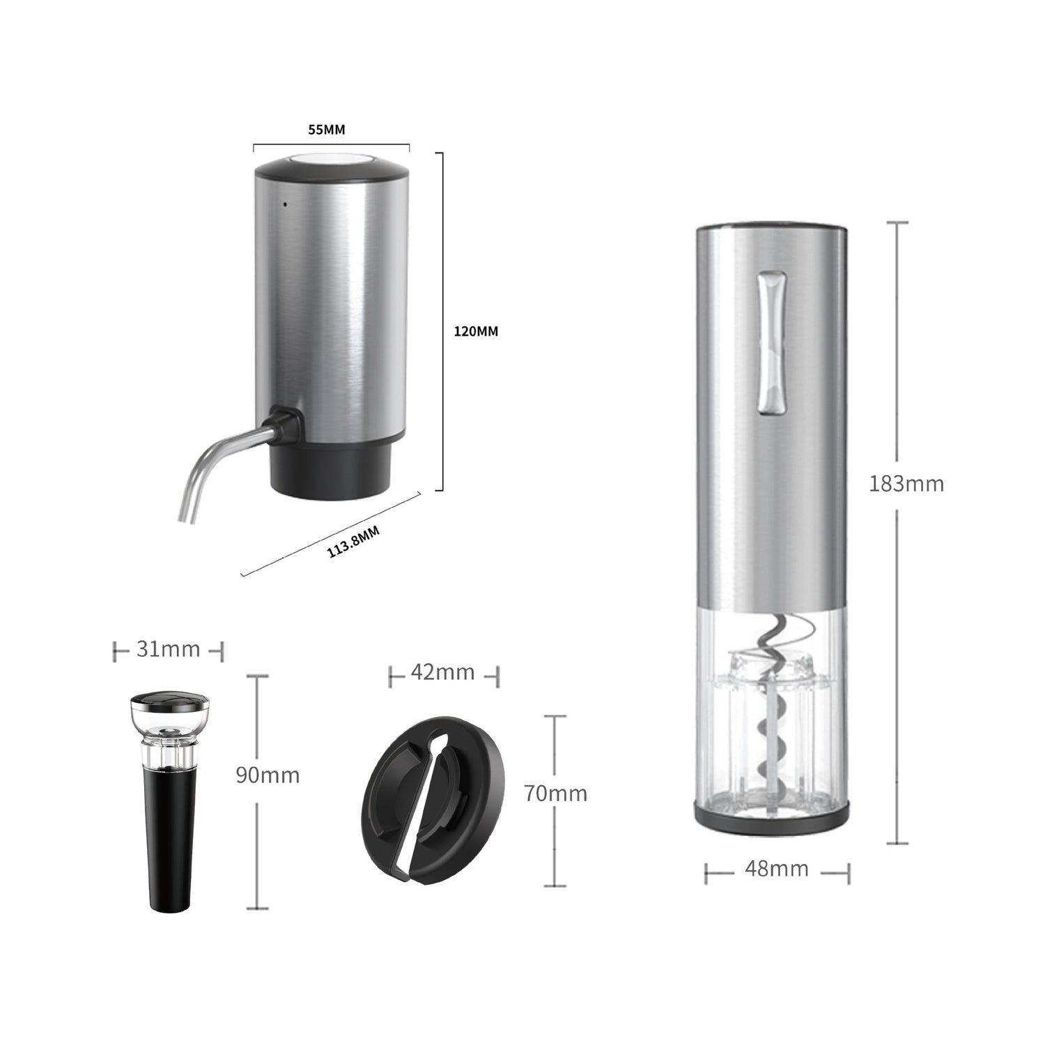 Dimension diagram of the wine set, opener 183 mm, pourer 120 mm, stopper 90 mm and foil cutter