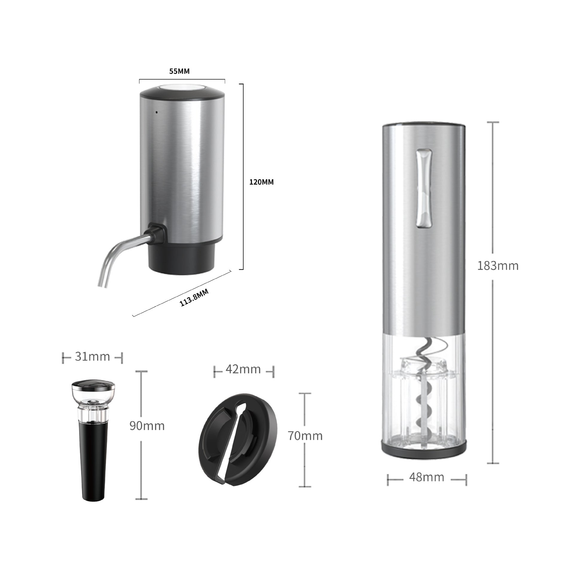 Dimension diagram of the wine set, opener 183 mm, pourer 120 mm, stopper 90 mm and foil cutter