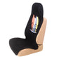 Black terry cloth seat cover with a surf print on a tan car seat, product view on a white background