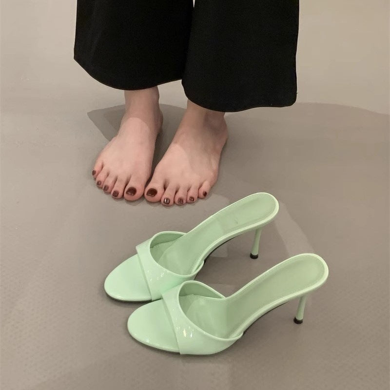Womens Open Toe Slide Sandals with Thin Heel