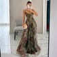 Mesh print sling maxi dress laid flat to show full length and print pattern