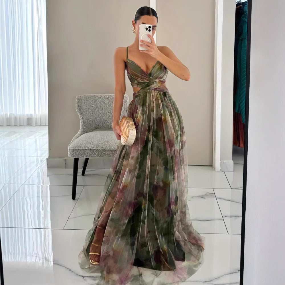 Mesh print sling maxi dress laid flat to show full length and print pattern