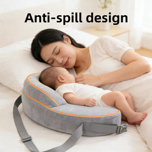 Memory foam infant nursing pillow grey side profile showing the raised feeding height