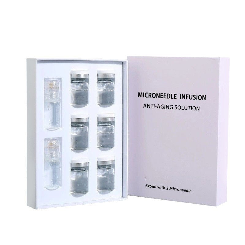 Microneedle serum kit with six 5 ml vials and two clear metal micro tip applicator caps