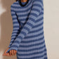 Tonal blue striped ribbed knit dress with long sleeves and round neck, size XL option