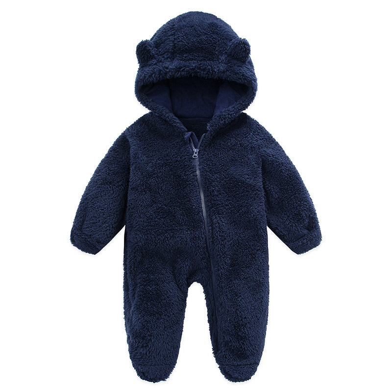 Navy blue plush fleece infant romper with bear ear hood and front zip, front view