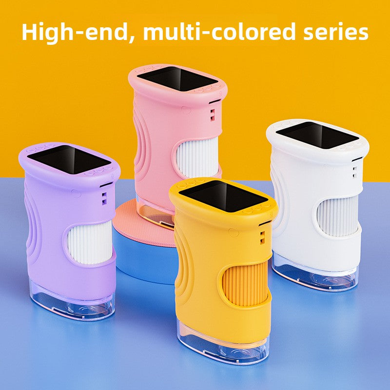 Kids digital microscope shown in pink, yellow, white and purple colors