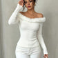 White slim ribbed knit off-shoulder top with fluffy neckline trim, option size XL