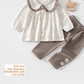 Toddler girls floral top and gray pants set with ruffle collar, size 80 cm option