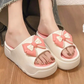 Womens platform slides, white bow platform slide, pair