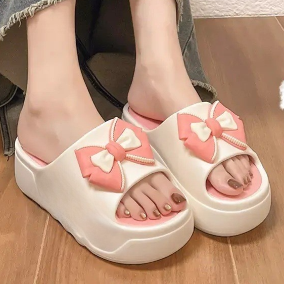 Womens platform slides, white bow platform slide, pair