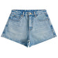 Light blue denim shorts laid flat showing the five pocket styling