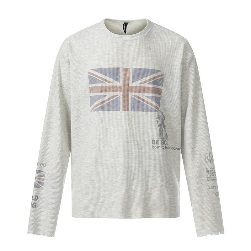 Light gray long sleeve flag print t-shirt with a loose fit and frayed cuffs, size 2XL option view