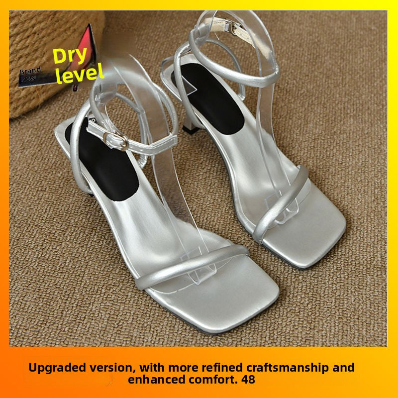 Silver square toe ankle strap sandals with thin heel and buckle, EU 36 option