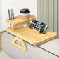 Double layer bamboo sofa armrest tray with triangular arm hook shown on a couch
