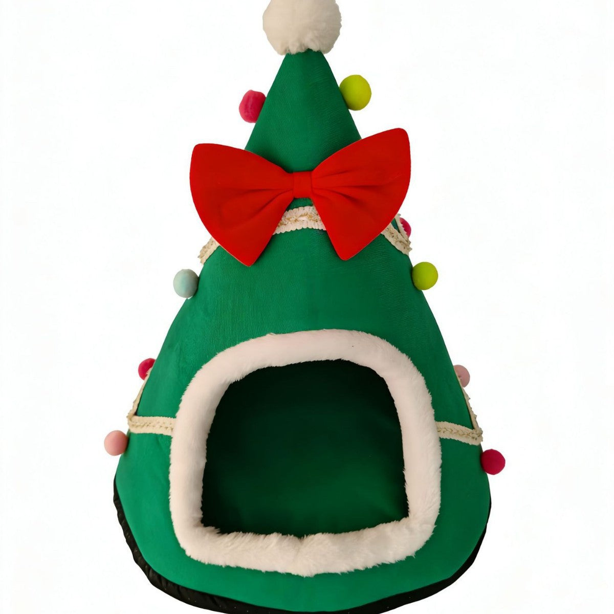 Christmas tree pet den shown from the front with the entrance hole