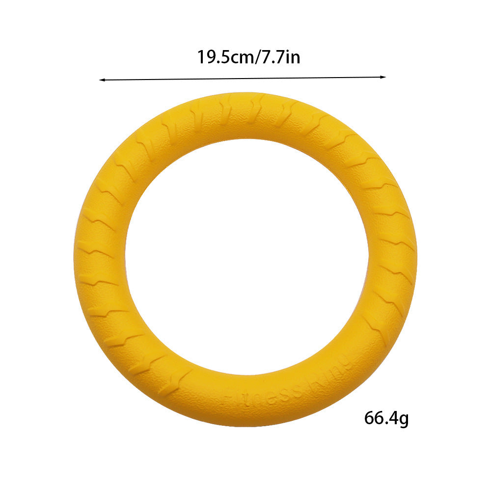 EVA foam chew and fetch ring dog toy shown close up with a textured surface
