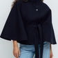Brown belted cape jacket knotted at the waist with a buttoned stand collar and cape sleeves