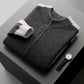 Folded dark gray wool zip cardigan with cream cuff and a watch on a dark surface, Dark Gray option, size XXL