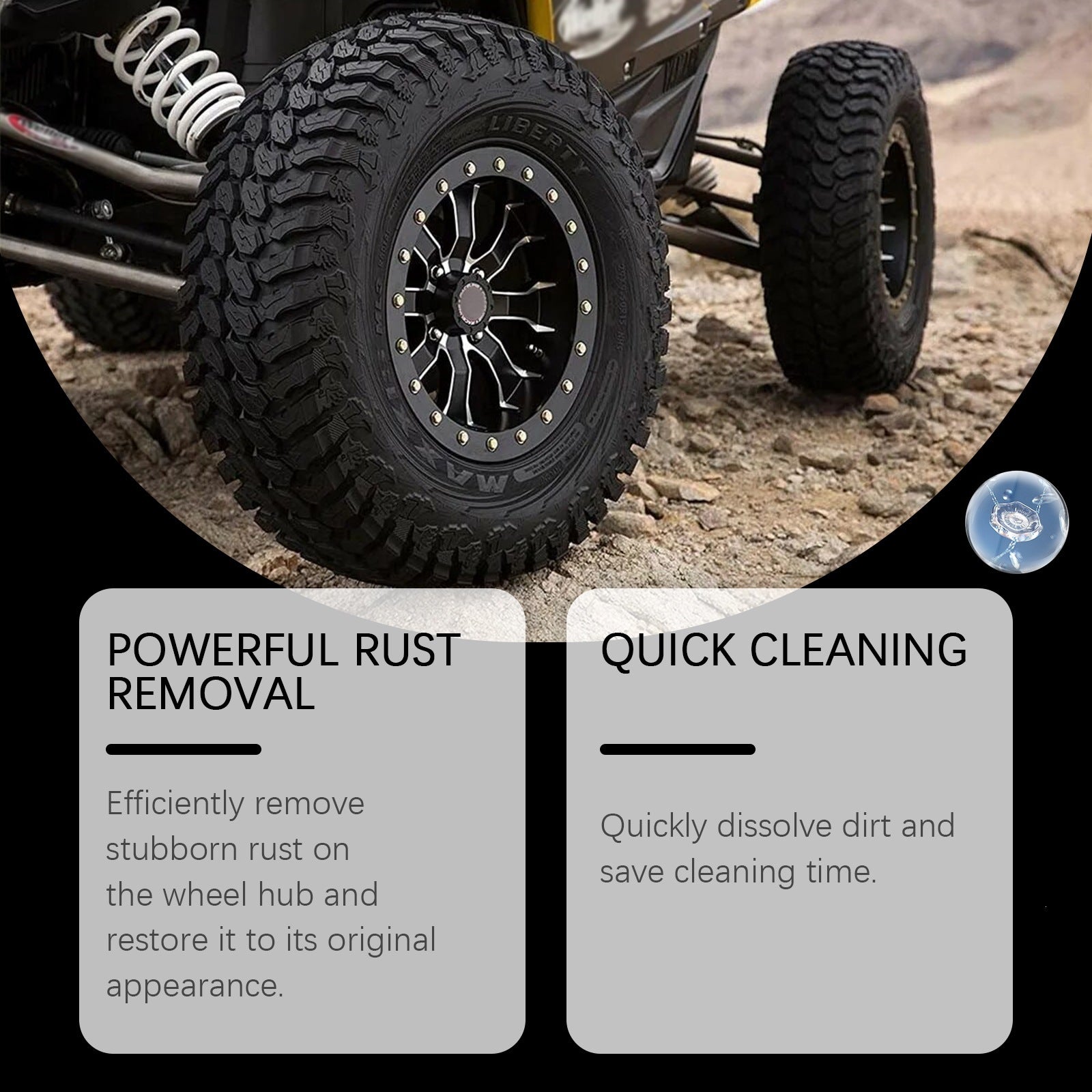 Maker panel over an off road wheel, naming rust removal on the wheel hub and quick cleaning