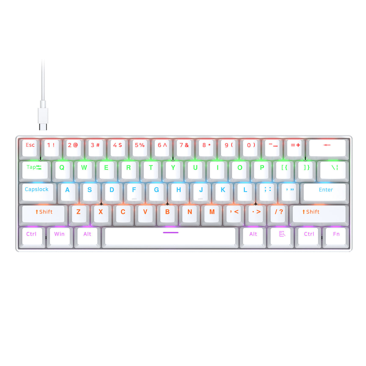 White 61 key mechanical keyboard with RGB backlight and Type-C cable on a white background