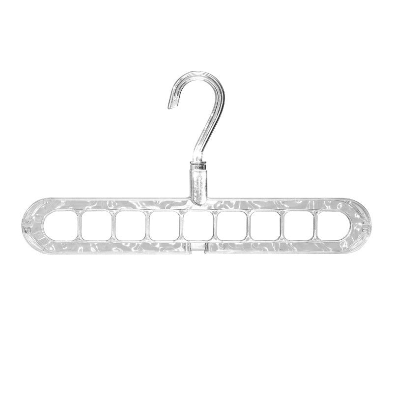 Transparent silver nine-hole plastic clothes hanger with rotating hook on a white background
