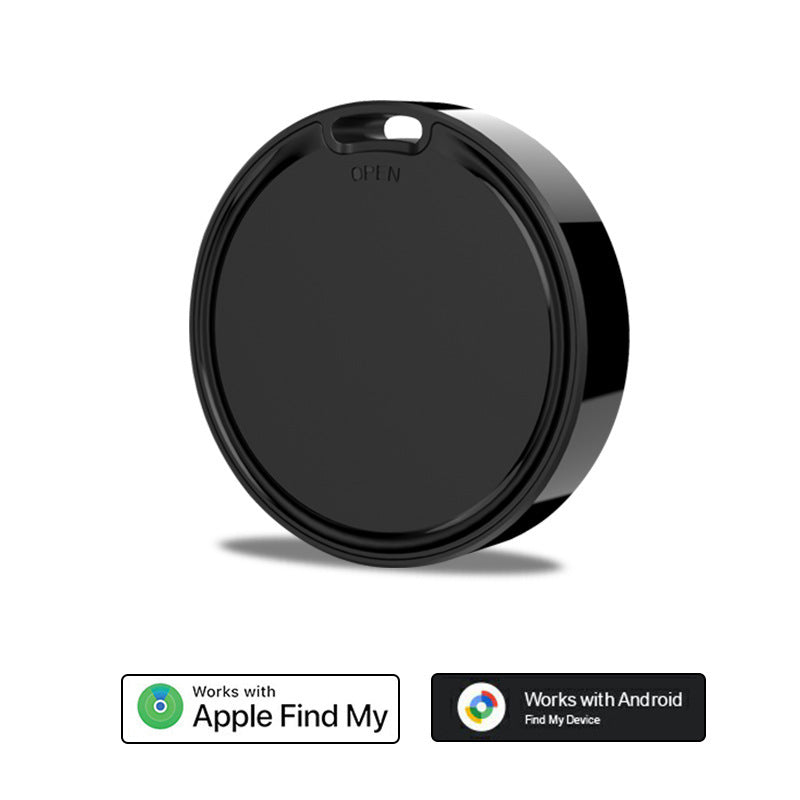 Glossy black round OtagF8 tracker with a brushed circular top and Find My and Find Hub badges