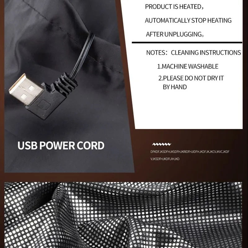 USB power cord with a right angle plug on the heated vest beside notes on machine washing