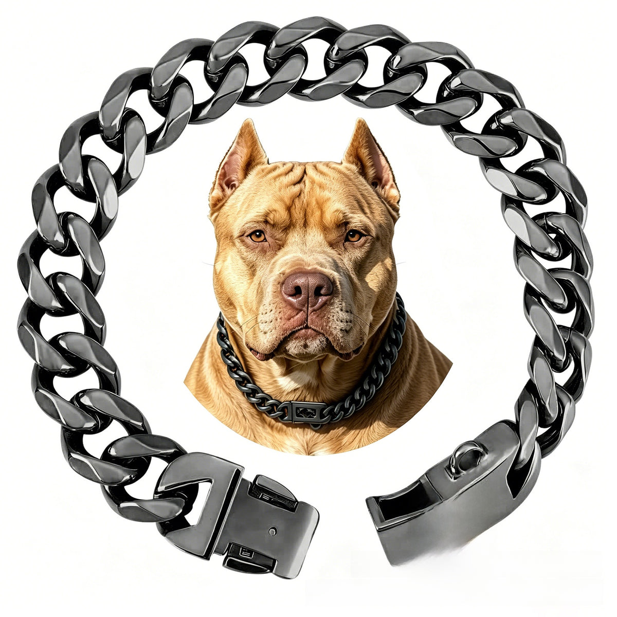 Polished stainless steel Cuban link dog collar shown as a full loop with a snap lock buckle