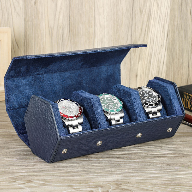 Styled watch roll with watches arranged in the cushioned slots